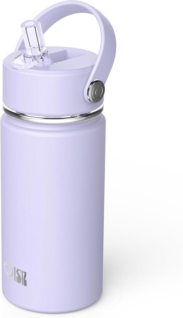 OISIZ Kids Water Bottle with Straw Lid 14oz, Vacuum Insulated 316 Stainless Steel Water Bottles for Kids for School, Leakproof Water Bottle, BPA Free and Keep Cold for 24 Hours (Light Purple)