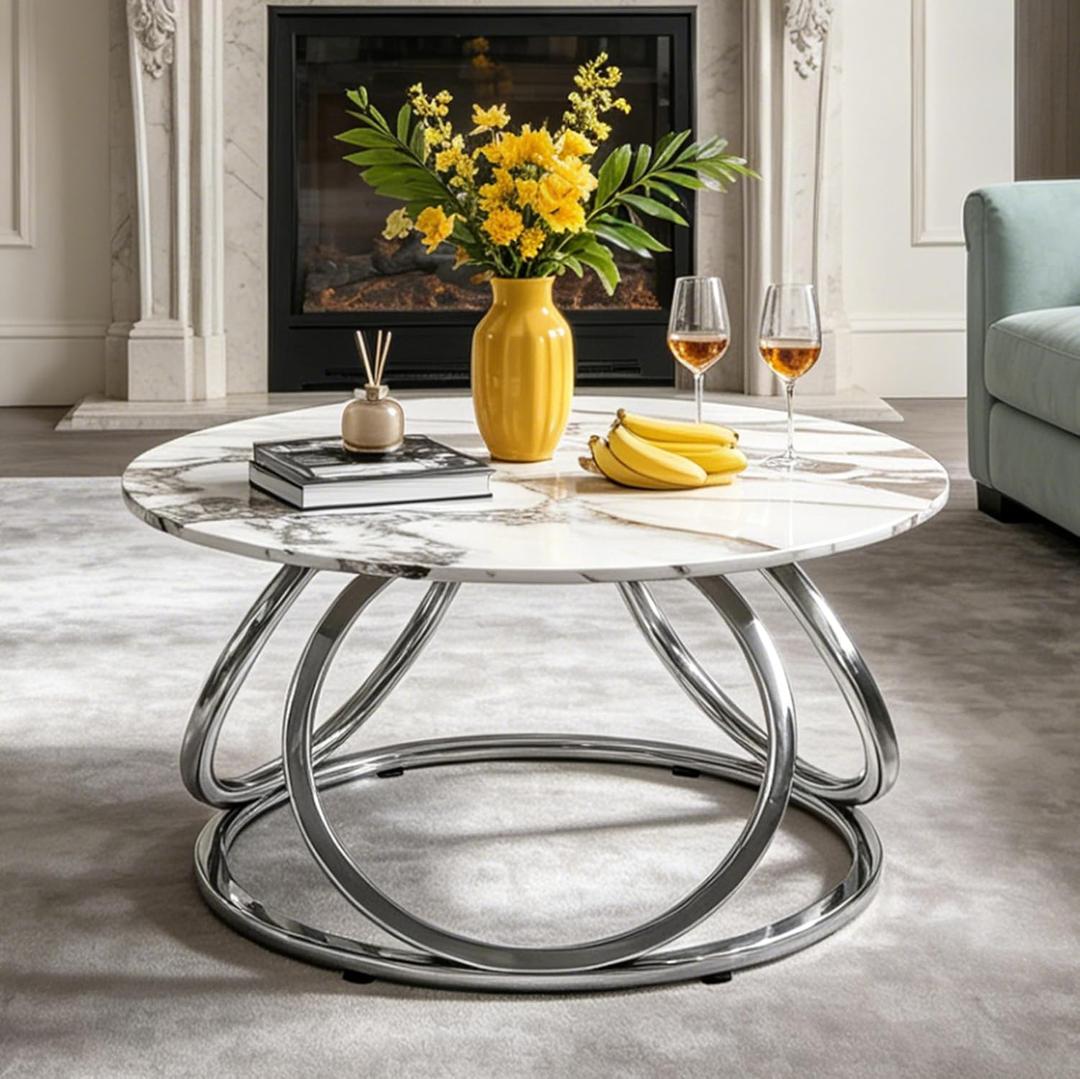 O&K FURNITURE Round Coffee Table, Faux Marble Top with Rich Veins, Silver Chrome Finish Modern Center Table for Living Room, Home Office, 1 PC, 31.5" x 31.5" x 17.9"