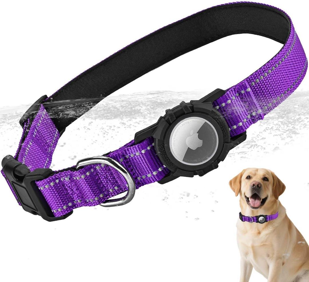 Airtag Dog Collar with Waterproof Air Tag Holder, Integrated Reflective Pet Collar with Soft Padding, Adjustable Nylon Collar for Small Medium Large Dogs, Purple, S (11.8"-15.7")