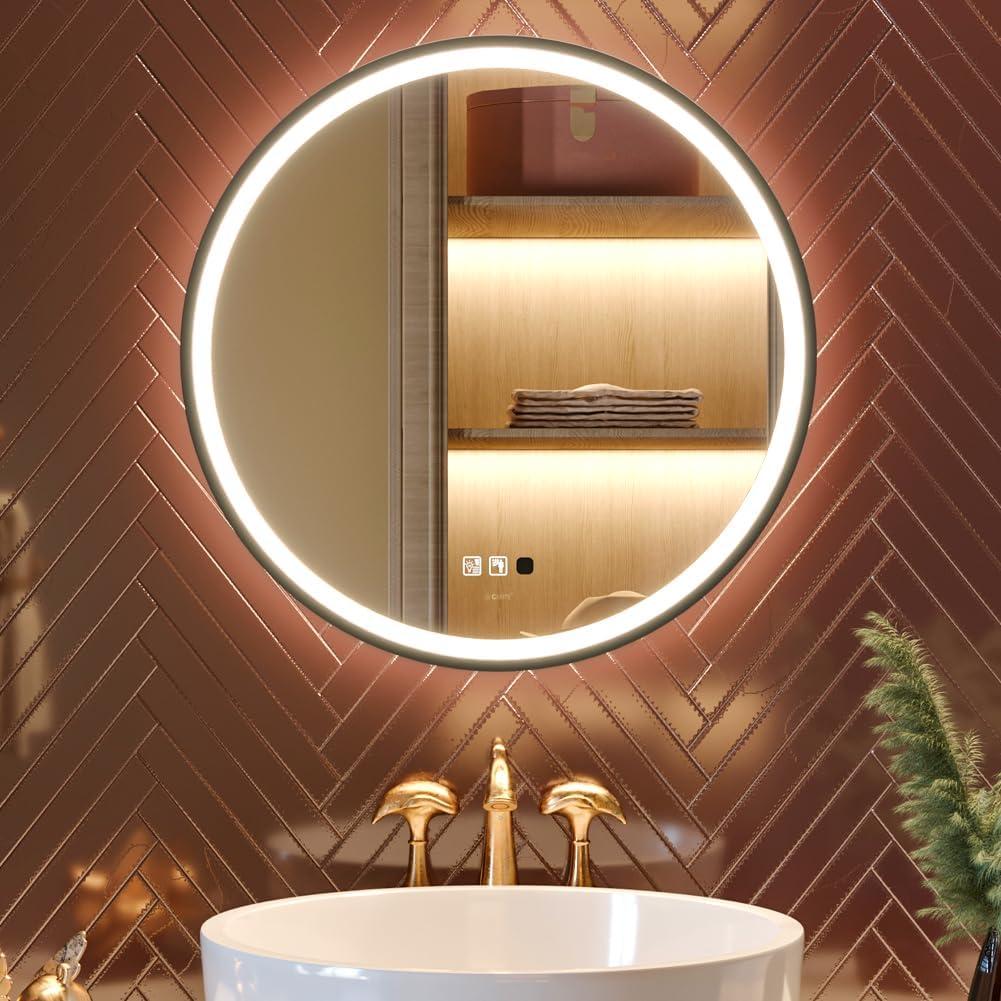 GANPE LED Sensor Mirror, Round Human Body Induction, Black Framed Vanity Mirror, Illuminated Dimmable Anti Fog IP44 Waterproof Wall Mounted Mirror (24" L x 24" W)