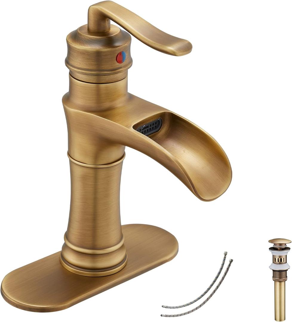 Waterfall Bathroom Faucet Antique Brass GGStudy Single Handle One Hole Farmhouse Bathroom Vanity Faucet Basin Mixter Tap Deck Mount with Drain Assembly (Short)