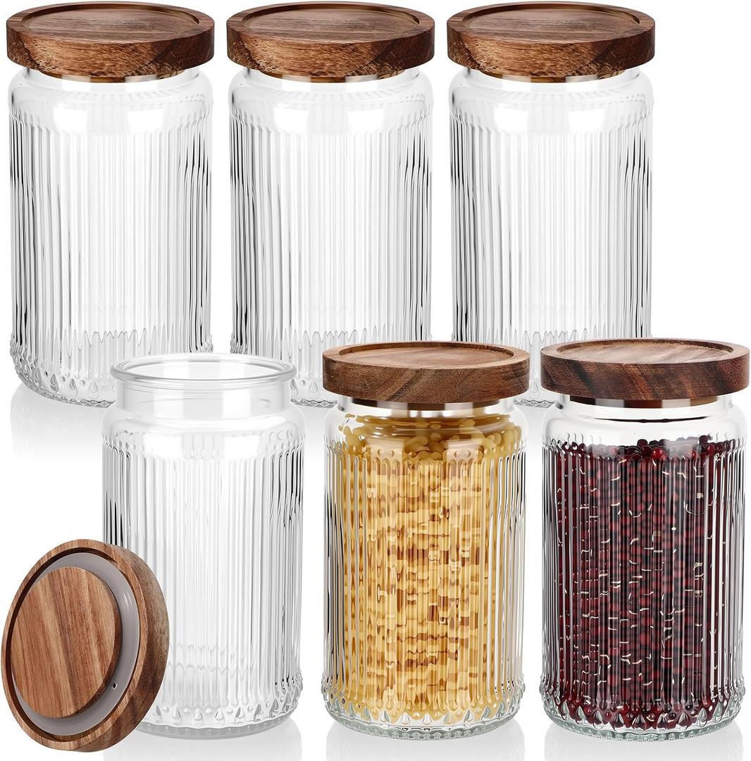 6 Pcs 1000ml/34 oz Vintage Glass Storage Jar Glass Containers with Wood Lid Ribbed Pattern Airtight Kitchen Spice Containers for Pantry, Coffee Bean, Grains, Tea, Sugar, Flour, Candy, Oats