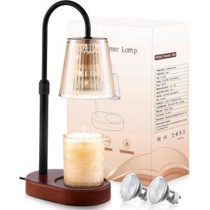 Adjustable Candle Warmer Lamp with Timer - Amber Shade + Walnut Wooden Base - Electric Light Wax Warming Dimmable Flameless Top Melter Heater for Melting Heating Small Jar Candles Gifts Women Mom