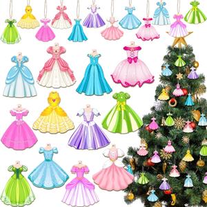 Amyhill 24 Pieces Princess Dress Ornaments for Christmas Tree Wooden Princess Hanging Ornaments for Christmas with Rope Xmas Gifts for Girls Party Supplies Decorations