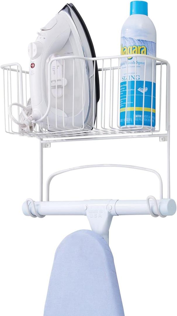 mDesign Wall Mounted Ironing Board Holder - Steel Ironing Board Rack for Easy Organisation - Includes Basket for Iron Storage - White (13.5 x 5.25 x 11.75)