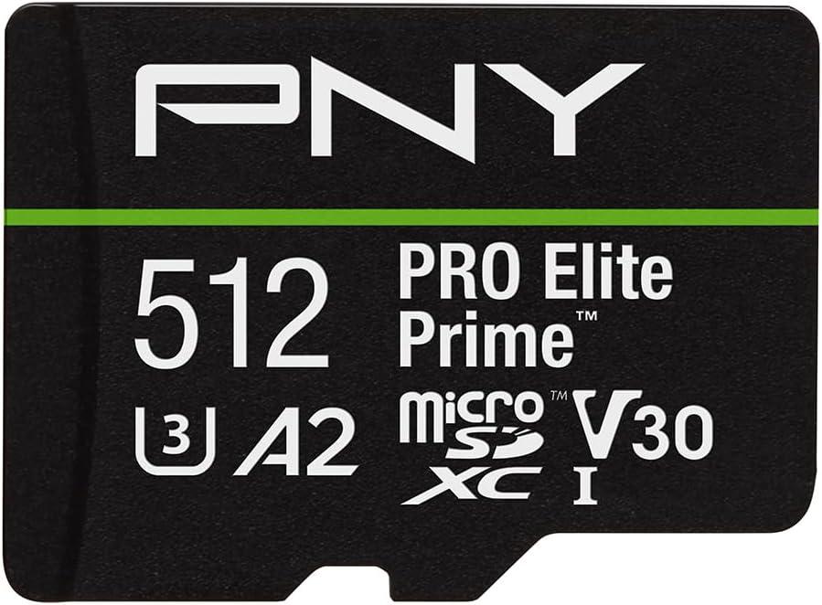 PNY 512GB PRO Elite Prime C10 U3 V30 A2 microSDXC Flash Memory Card  Ultra-Fast Speeds, Read 200MB/s, Write 150MB/s, 4K UHD, Full HD, UHS-I, for Smartphones, Drones, Action Cameras