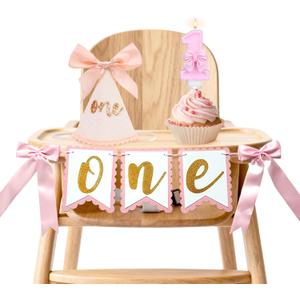 First Birthday Decorations for Girl - Pink Bow Complete Party Set with High Chair Banner, 1st Birthday Candle, Party Hat (Glitter One)