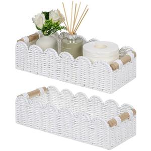 CubesLand Bathroom Basket Organizer, Toilet Tank Paper Storage Baskets 2-Pack, Scalloped Decorative Basket for Countertop w/Handle, Wicker Basket for Bathroom Decor, Home Decor, Living Room, White