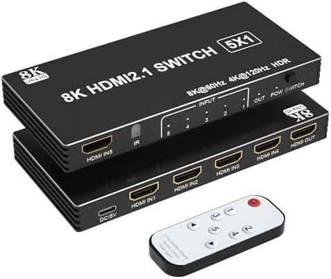 8K HDMI Switch 4K 120Hz - 5 in 1 Out HDMI Splitter Switcher 8K@60Hz 4K@120Hz with Remote 3D HDR10+ HDCP 2.3 CEC, Use for PS5/4/3 Xbox DVD Player Fire Stick Roku TV PC Nintendo Switch