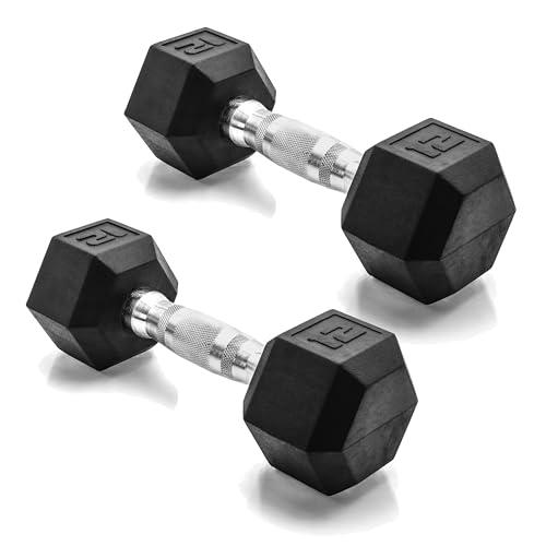 CAP Barbell 12 LB Rubber Coated Hex Dumbbell Hand Weight - Pair | Chrome Handle 1 PCS