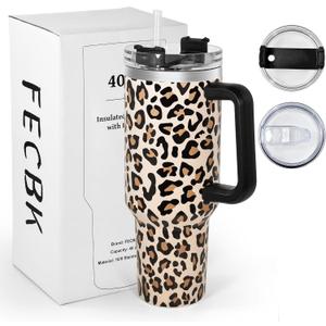 40 oz Tumbler with Handle and Straw, 100% Leak-Proof Travel Mug, Stainless Steel Double Wall Vacuum Insulated Coffee Cup Keeps Cold For 34 Hours, Cheetah