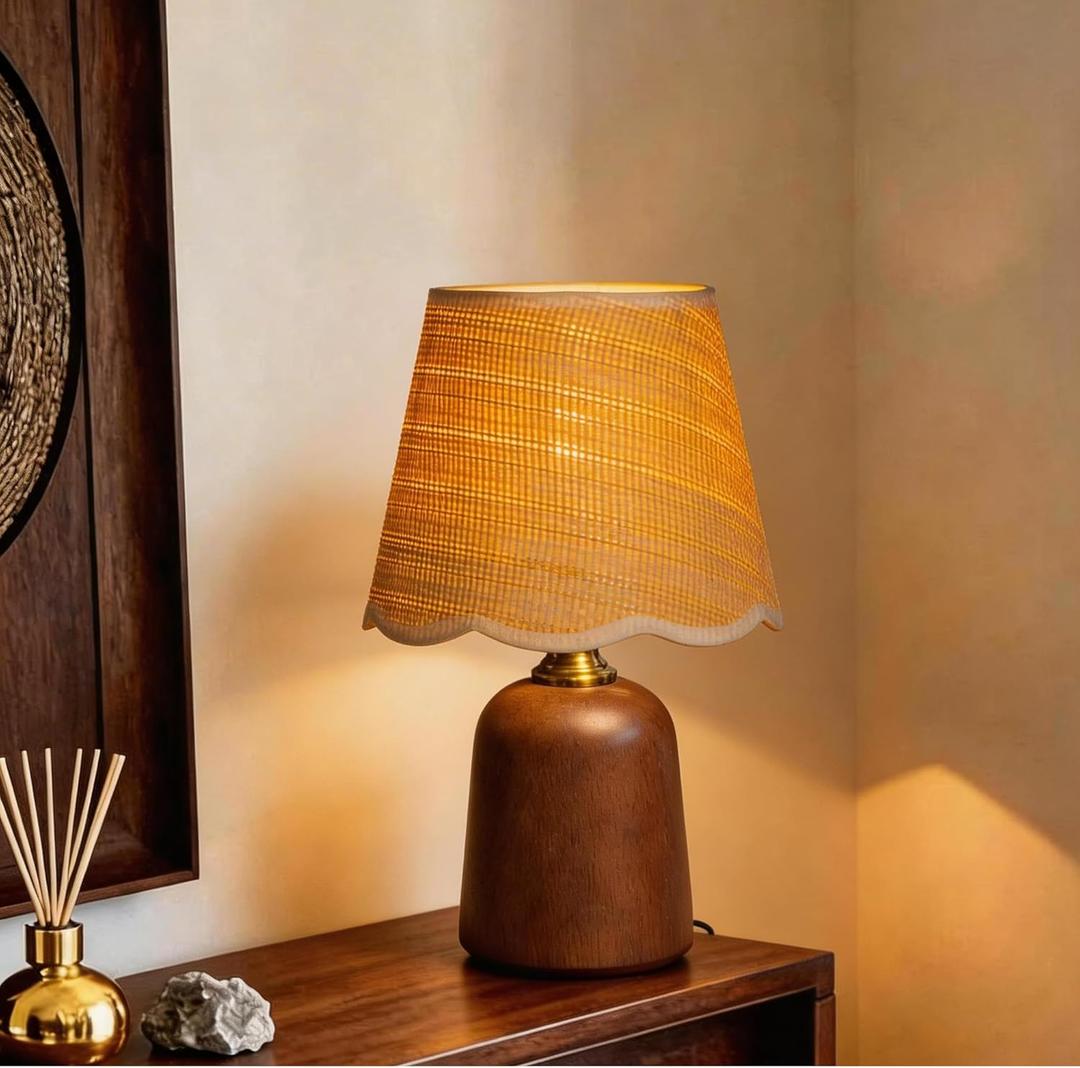 11.4" Solid Walnut Style Wood Small Table Lamp, Boho Bedside Lamp for Mid-Century Modern Decor, 3-Color Dimmable Woven Shade, Aesthetic Nightstand Light for Living Room, E26 LED Bulb Included