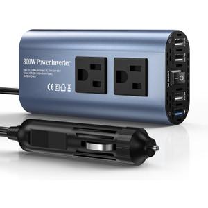 300W Car Power Inverter, DC 12V to 110V AC Car Plug Adapter Outlet with USB-Fast Charger(25W) USB-A20W and Dual AC Outlet, QC3.0, 4 USB Ports, Car Charger for LaptopPhone, etc (Blue)