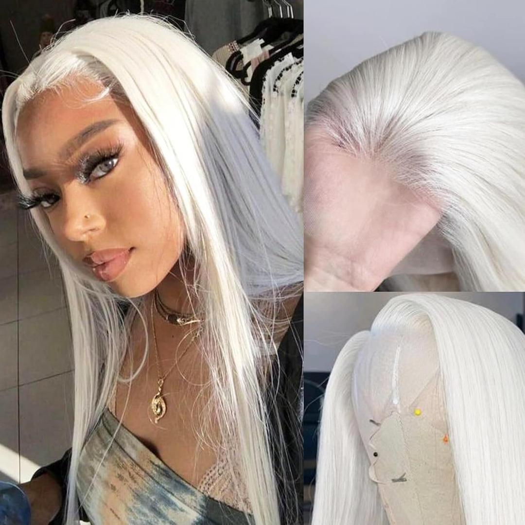 13x4 Glueless White Wig Straight Synthetic Lace Front Wig Pre Plucked 250 Density Hd Lace Wig With Baby Hair Heat Resistant Wigs For Women 26 inch Grey Silver Platinum Blonde Wig