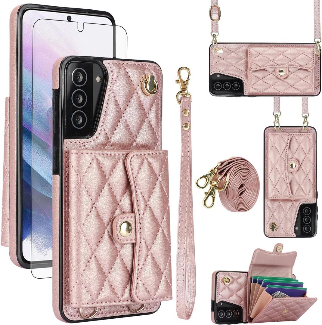 Asuwish Phone Case for Samsung Galaxy S21 Plus S21+ 5G Wallet Cover with Stand RFID Credit Card Holder Strap Lanyard Leather Cell Accessories S21+5G S21plus 21S + S 21 21+ G5 Women Girls Rose Gold