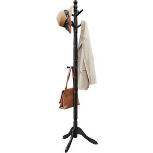 VASAGLE Solid Wood Coat Rack and Stand, Free Standing Hall Coat Tree with 10 Hooks for Hats, Bags, Purses, for Entryway, Hallway, Rubberwood, Ink Black URCR003B01