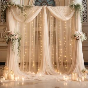 Shillance 10ft x 10ft Champagne Backdrop Curtain with Lights String for Parties, Sheer Wedding Photo Backdrops Drapes for Baby Shower Birthday Party Decorations Background for Photography