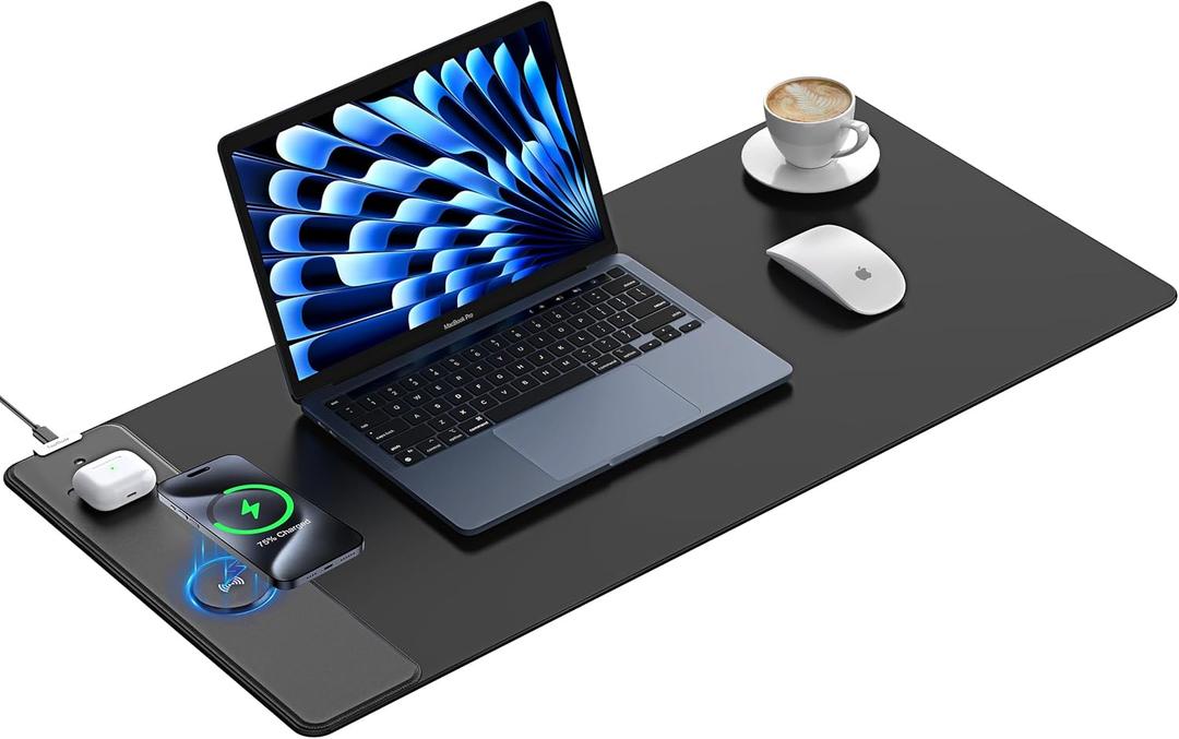 TopMade Wireless Charging Mouse Pad, Waterproof Gaming Mousepad with Ultra-Smooth Surface, Non-Slip Base, 31.5"x15.75" XXL Large Desk Pad, Classic Black Computer Desk Mat for MacBook, PC, Laptop