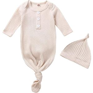 Twopumpkin Baby Girl Boy Coming Home Knotted Gown Unisex Newborn Infant Sleep Onesie Outfit Cute Baby Winter Pajamas (60, A Waffle Knit Cream)