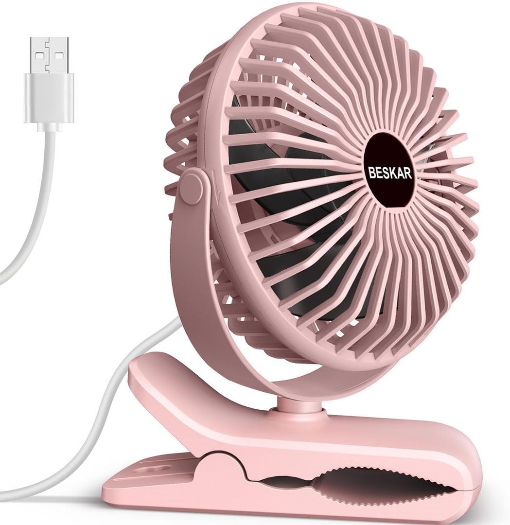 BESKAR Small Clip on Fan, 3 Speeds USB Fans with Strong Airflow, Clip & Desk Fans USB Plug in with Sturdy Clamp - Ultra Quiet operation Fan for Office Dorm Bedroom Stroller (Full Pink)