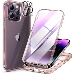 Miracase Glass Series Designed for iPhone 14 Pro Max Case 6.7 Inch, Upgrade Full-Body Bumper Case with Built-in 9H Tempered Glass Screen Protector, with Camera Lens Protector, Clear Pink