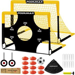 PodiuMax Kids Soccer Goal Set of 2, 4x3ft Pop up Portable Soccer Goals for Backyard, Soccer Net for Kids Age 3 4 5 6 7 8, Toddler Soccer Goal Gift with 1 Ball, 1 Target Net, 10 Cones, 2 Targets