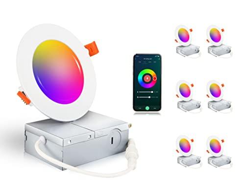 [6 Pack] CLOUDY BAY 4inch Smart WiFi LED Recessed Lights, RGBCW Color Changing Recessed Lighting, Compatible with Alexa and Google Home Assistant, 10W 2700K-6500K,CRI90+ Wet Location, White Finish
