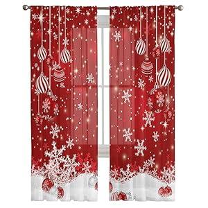 CosyBright Christmas Sheer Curtain 84 Inch Length 2 Panels Light Filtering Snowflake Window Curtain Red Sheer Voile Curtains Xmas Ball Glitter Sparkle Snow Rod Pocket Window Treatment for Living Room