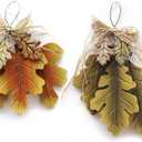 Wooden Hanging Fall Leaves Decor Set of 2, Maple & Oak Leaves Rustic Autumn Themed Decor for Front Door & Wall, 10.5" X 7.75"