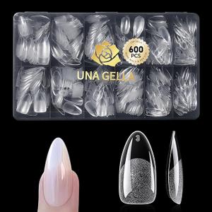 UNA GELLA Almond Gel Nail Tips 600 Pcs Pre Etched Medium Almond Shaped Nails Full Cover Press On Nails 12 Sizes Clear Fake Soft Gel Tips for Flat & Curved Nail Bed Extension Home DIY Salon
