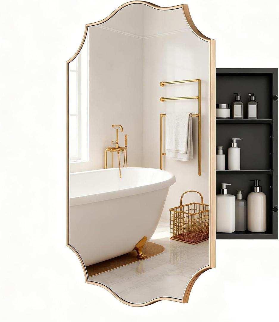Gold Scalloped Edge Vintage Medicine Cabinet Mirror, Decorative Bathroom Storage Cabinet with 2 Adjustable Shelves, Recessed or Surface Mount (Brushed Gold, 20x26)