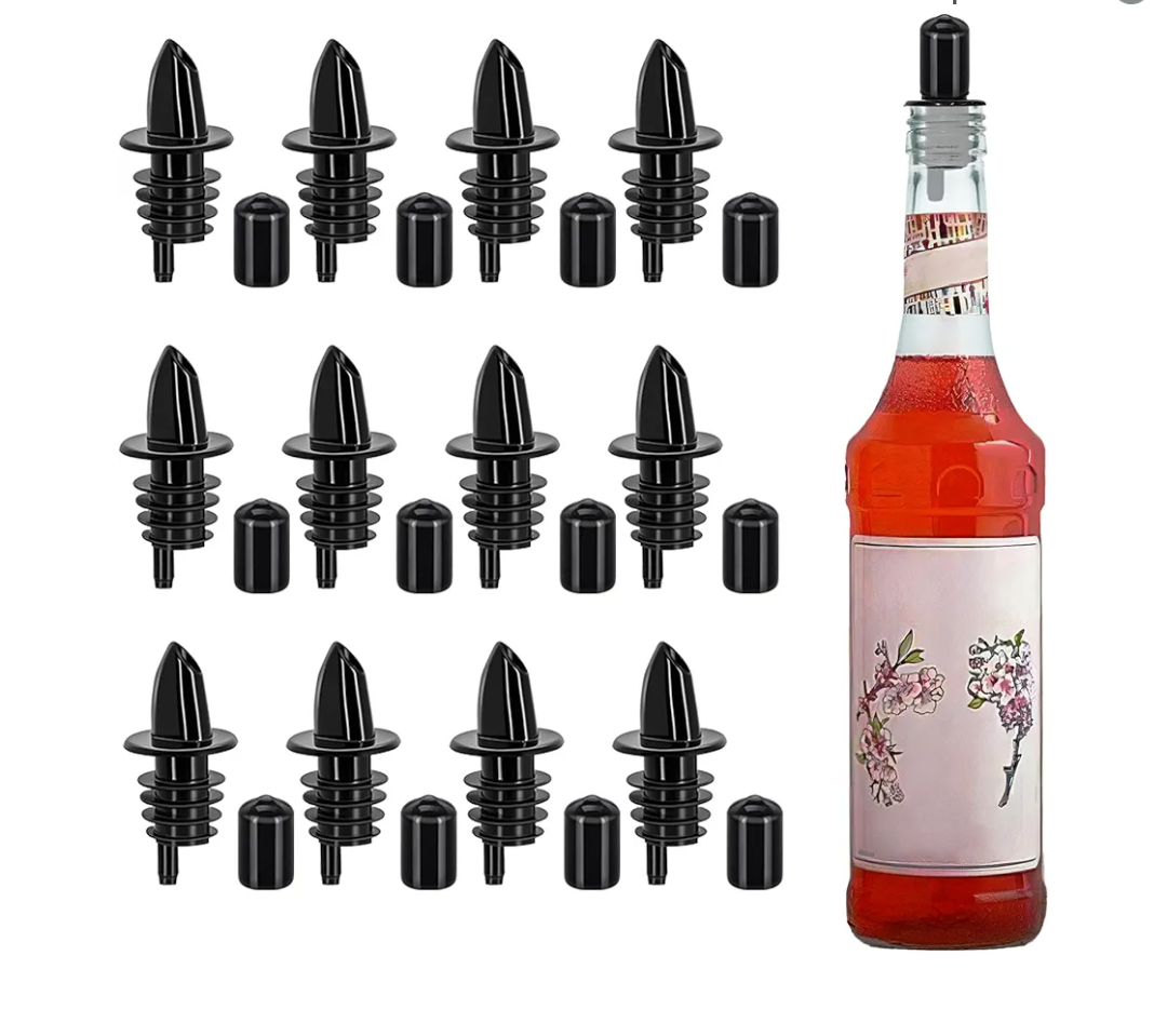 12 PCS Bottle Pourers And 12 PCS rubber pourers dust cap covers Syrup Pourer Pour Spouts Plastic Liquor Bottle Pourers with Rubber Pourers Dust Cap Covers Bottle Pourers (black)