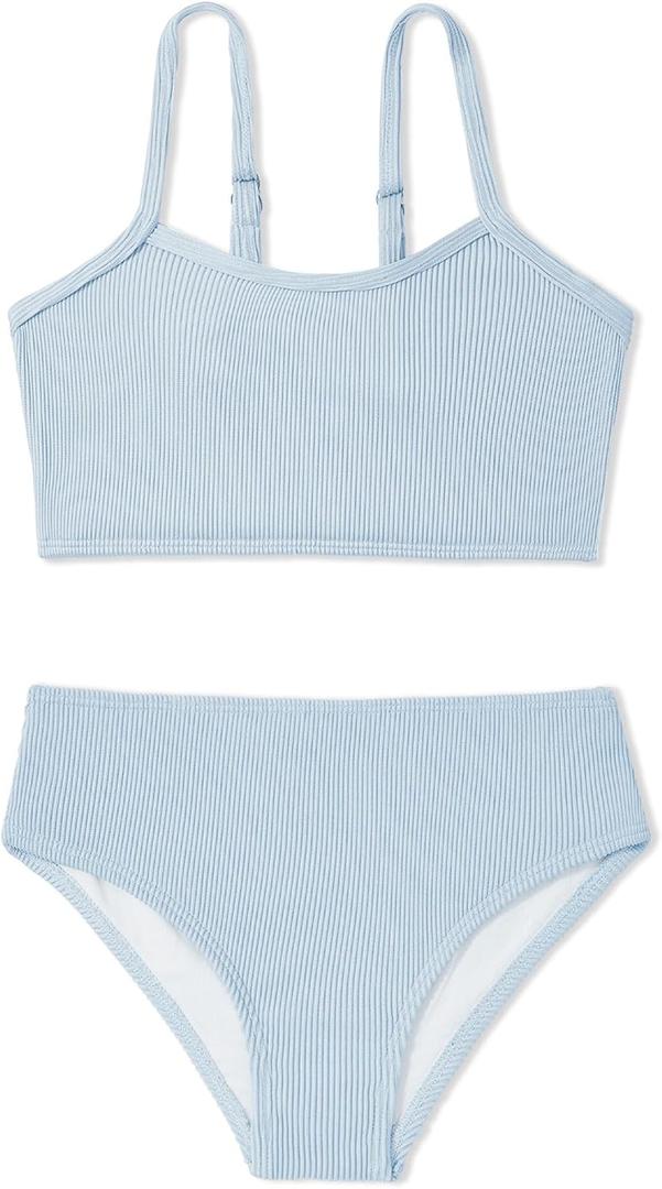 Zando 2 Piece Ribbed Swimsuits for Teen Girls Kids Size 6-15 Years High Waisted Solid Cute Bikini for Summer Beach Wear (10-11 Years, Blue)