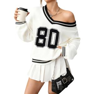 FASHGL Women Y2K Sweater Oversized Streetwear Sweaters Long Sleeve V Neck Pullover Jumper Knit Top Cute Number Graphic Top (White, M)