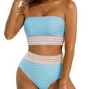 High Waisted Bandeau Bikini Set - Women Strapless Two Piece Swimsuits Ribbed Longline Full Coverage Bathing Suits Swimwear Blue