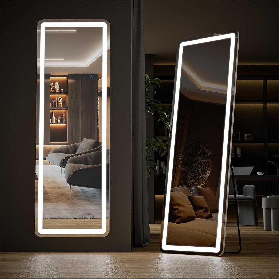 Sweetcrispy 64"x21" Mirror Full Length Standing Mirror with LED Lights, Lighted Floor Mirror with Stand, w/Dimming & 3 Color Lighting, Wall Mirror Full Length Aluminum Alloy Thin Frame, White
