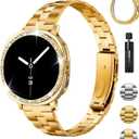 Metal Band and Bling Case Compatible with Samsung Galaxy Watch 8 Bands 40mm, Elegant Tapered Stainless Steel Chain Link Bracelet Strap with Sparkling PC Protective Cover for Samsung Watch 8 40mm Women (Gold)