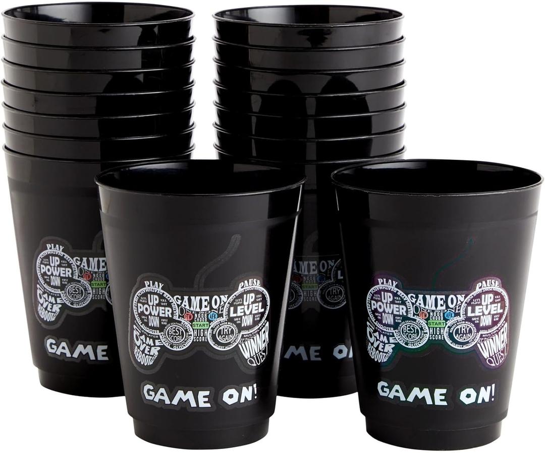 BLUE PANDA 16 Pack Plastic Video Game Cups for Kids - Gaming Party Favors for Birthday Supplies and Gamer Birthday Party Decorations (16 Oz Gamer Cups)