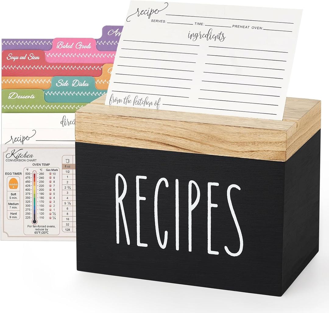Dahey Wooden Recipe Box Black Recipe Organizer with 100 Recipe Cards and 6 Dividers, Recipe Card Holder Box Set with Brown Lid and Slots to Write in Your Own Recipes for Cooking Lover Kitchen (6.9x4.3)