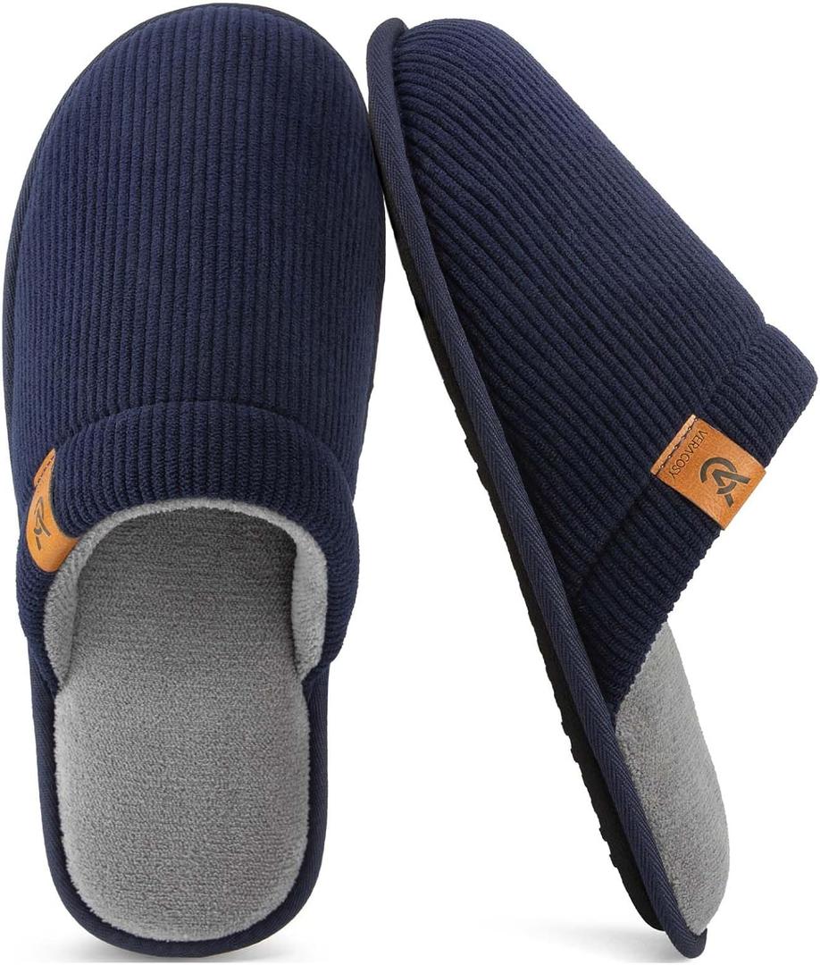 VeraCosy Men's Corduroy Scuff Slippers Soft Comfy Memory Foam Non-slip Indoor House Shoes (13-14, Dark Navy Blue)