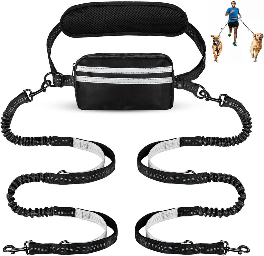 Hands Free Dog Leash with Pouch, Dual Attachment for Two Dogs, Retractable Bungee with Double Padded Handles, Waist-Mounted for Running,Walking, Jogging Friendly Dog Accessories (Black/Silver Gray)