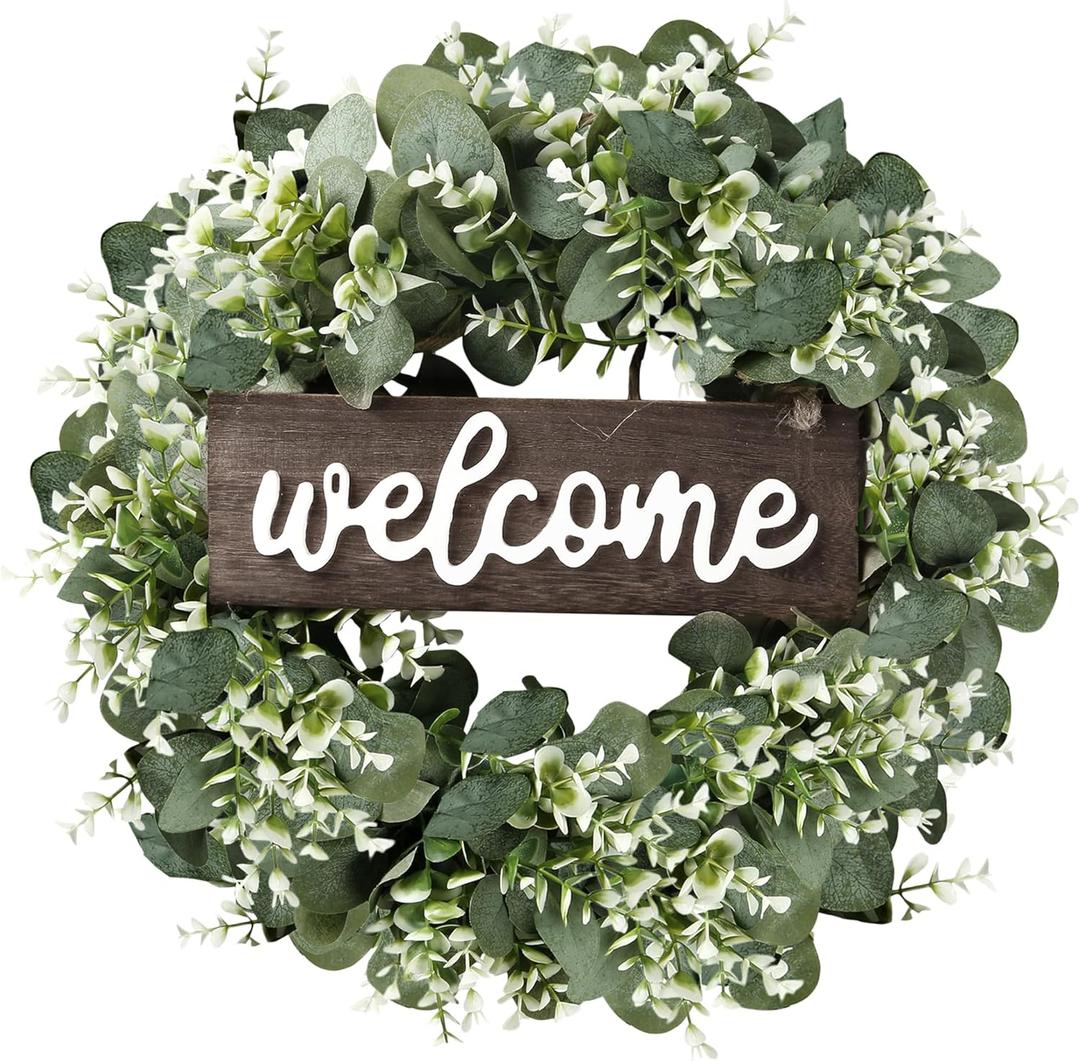 Sggvecsy 16in Artificial Eucalyptus Wreath with Welcome Sign Green Eucalyptus Leaf Wreath Greenery Wreath Round Leaves Wreath for Front Door Wall Window Festival Farmhouse Porch Patio Garden Decor