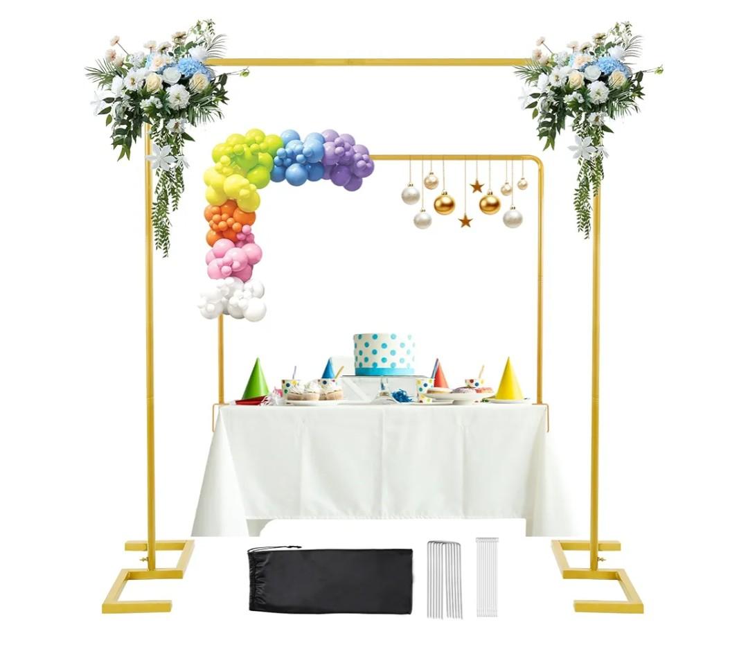 8.2FT x 8FT Backdrop Stand Heavy Duty with Base, Gold Portable Adjustable Pipe and Drape Backdrop Stand Kit, Over The Table Rod Stand with Clamps, Square Metal Arch Party Frame for Birthday Decor