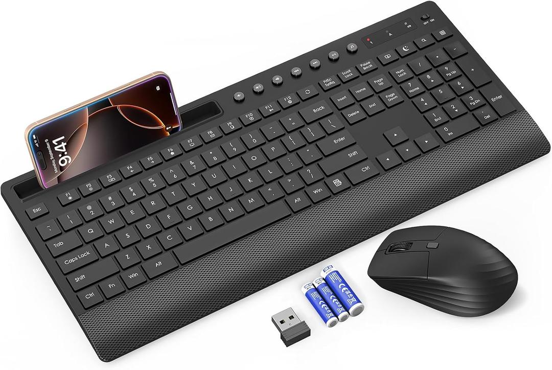 Trueque Wireless Keyboard and Mouse Combo - Full-Size Quiet Keyboard with Palm Rest, Phone Holder, Multimedia Keys, Power Switch, Compatible with Windows, Chrome OS, PC, Laptop (Batteries Included) (Black)