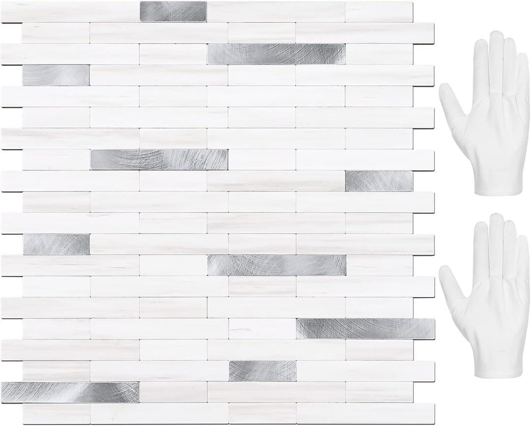 STICKGOO Peel and Stick Backsplash Tile, Stick on Backsplash for Kitchen and Bathroom, Dolomite White Marble Look PVC Mixed Metal Silver Self Adhesive Wall Tiles(10 Sheets) (Dolomite White Marble Mixed Metal Silver)