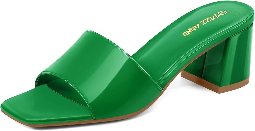 PIZZ ANNU Women's Square Open Toe Heels Sandals Low Block Chunky Heeled Sandal Slip on Mules Comfortable Casual Dress Pumps Shoes (8.5, Kelly Green Patent)