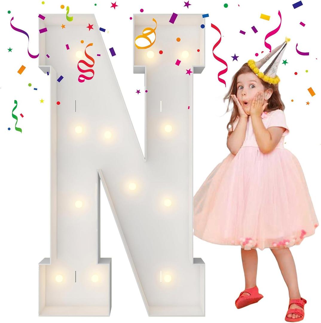 4FT Marquee Light Up Letters, Large Marquee Letters, Mosaic Balloon Frame Big Letters For Engagement Wedding Decorations Birthday Party Backdrop Decor, Balloon Arch Kit Letter N