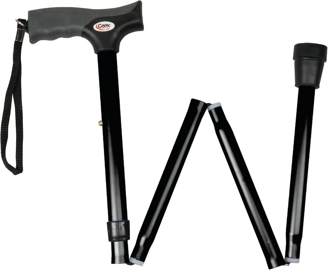 Carex Soft Grip Folding Cane - Foldable Walking Cane For Men and Women - Adjustable Height (33"-37"), Anti-Slip Rubber Tip, Soft Derby Style Ergonomic Handle, Black Cane