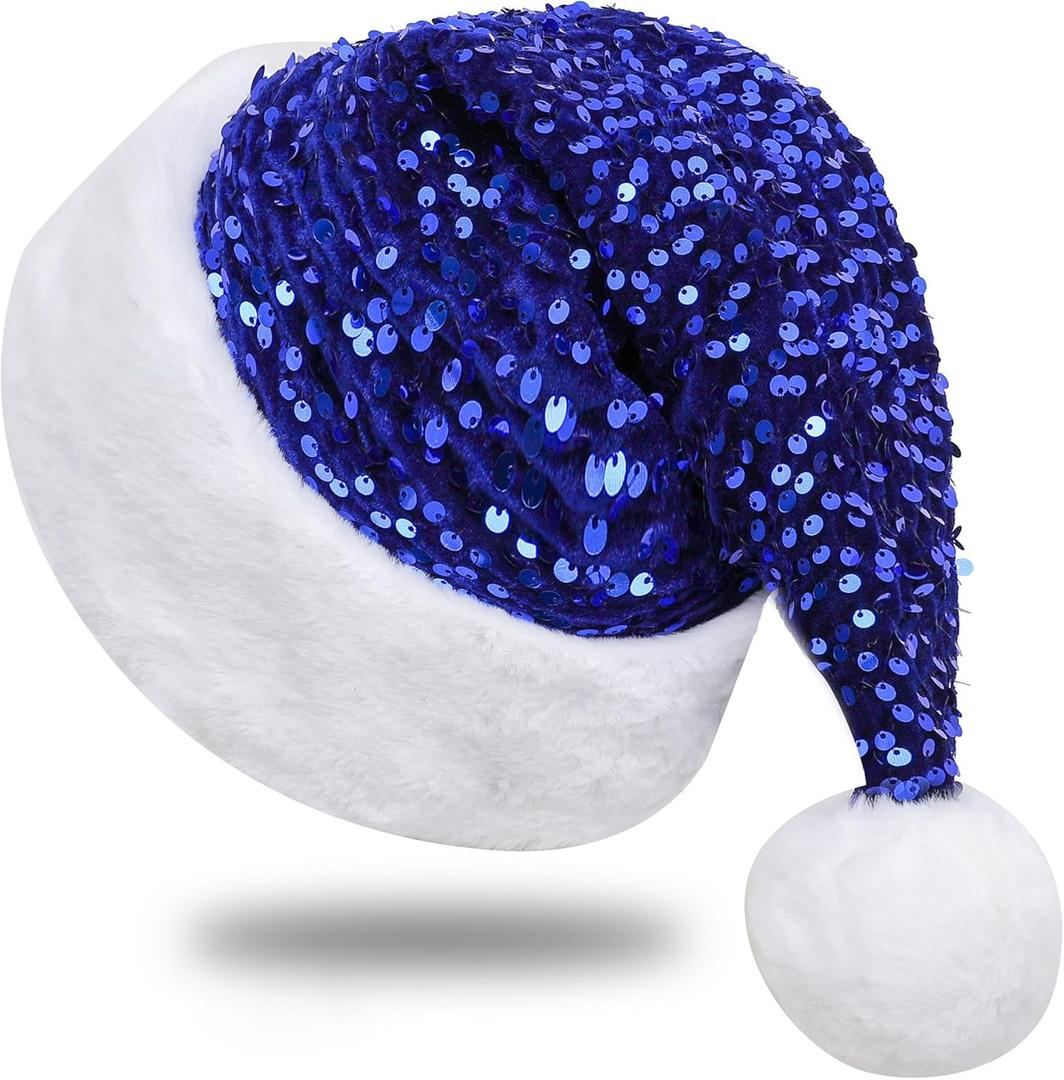 Sequin Santa Hat for Adults with Shiny Sequin and Fluffy Pompom, Party Hat for New Year Xmas Festival (Blue)