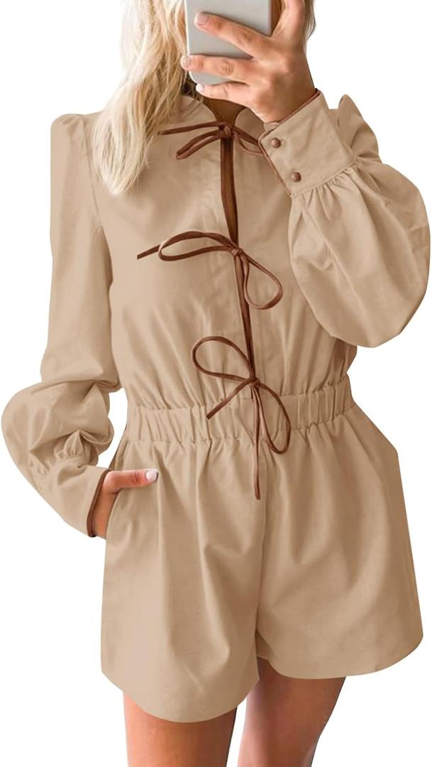 Cicy Bell Womens Casual Short Rompers Cute Tie Front Long Lantern Sleeve Shorts Jumpsuits with Pockets 2025 Fall Outfits (Small, Khaki)